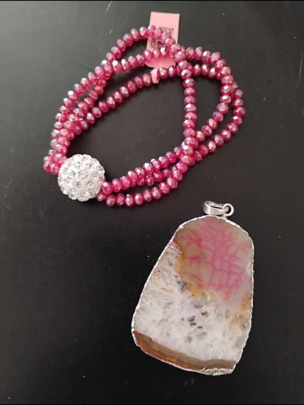 Pink Beaded Triple-Row Bracelet with Crystal Accent by